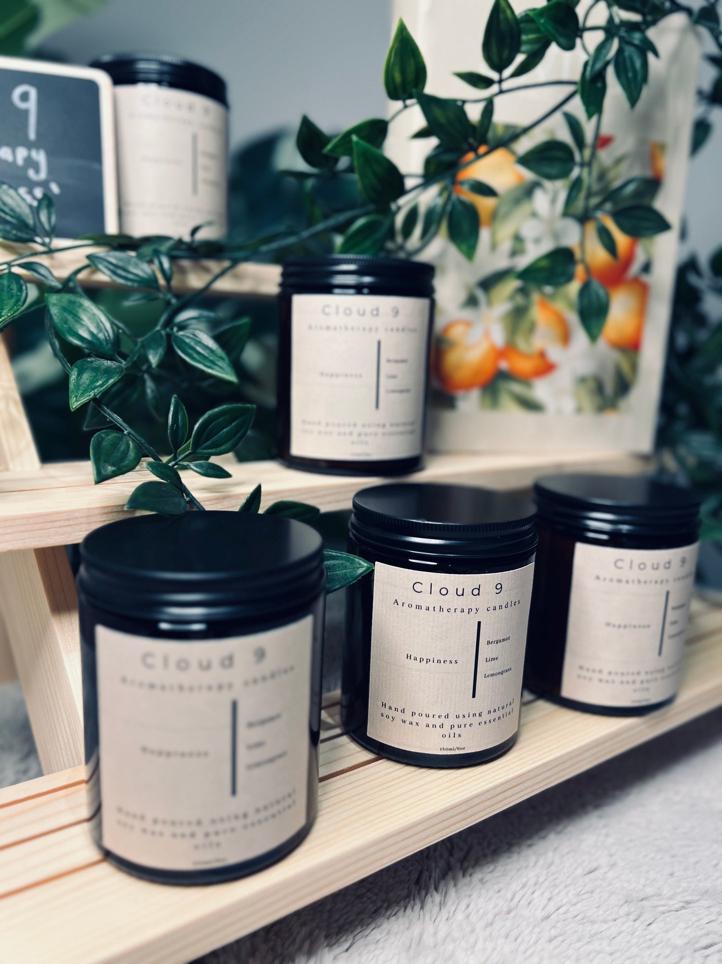 Mood-boosting Happiness candle burning ina cozy home setting with natural light