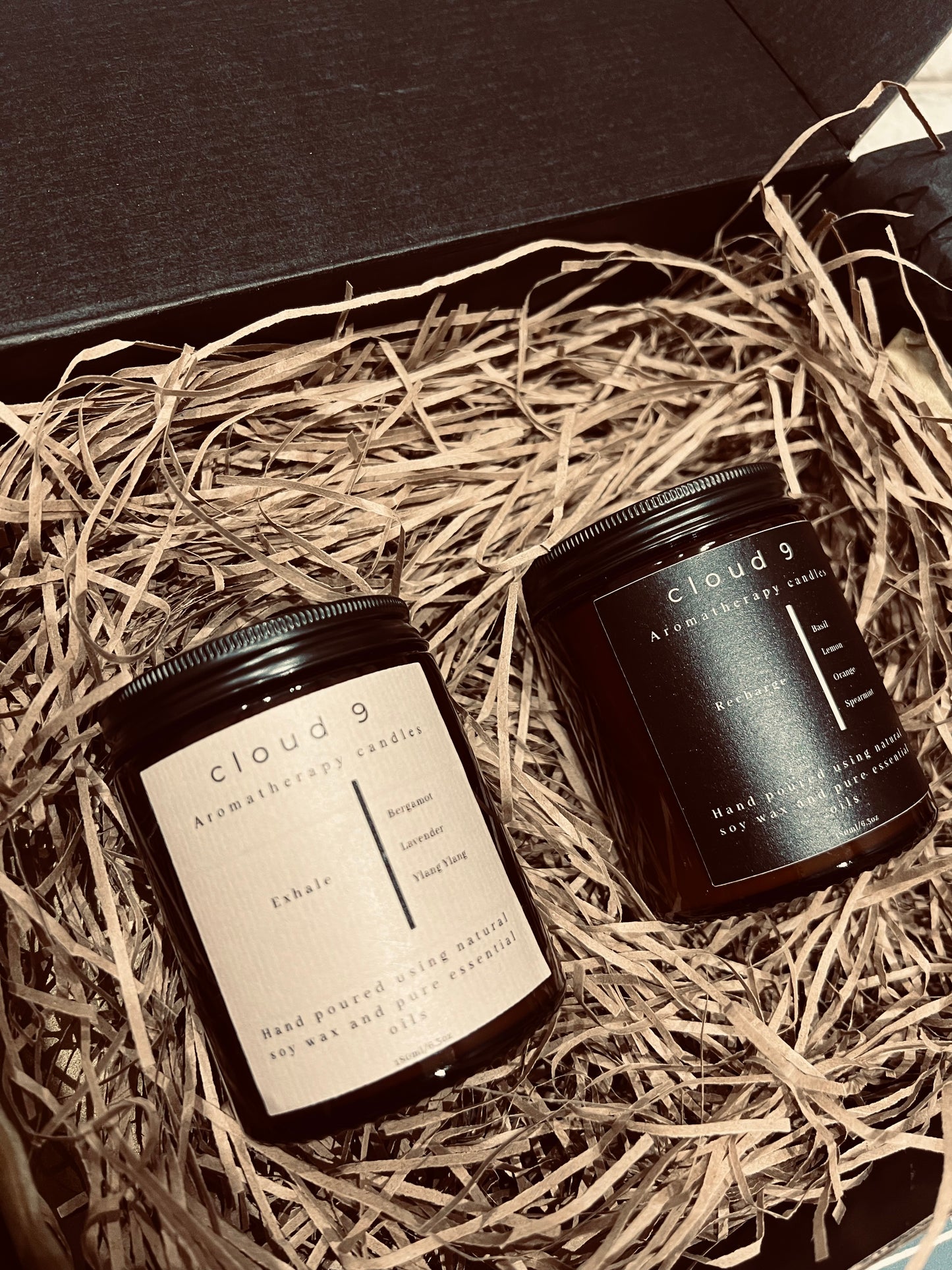 Mood boosting candle gift set with two handmade soy candles in kraft box from Cloud 9