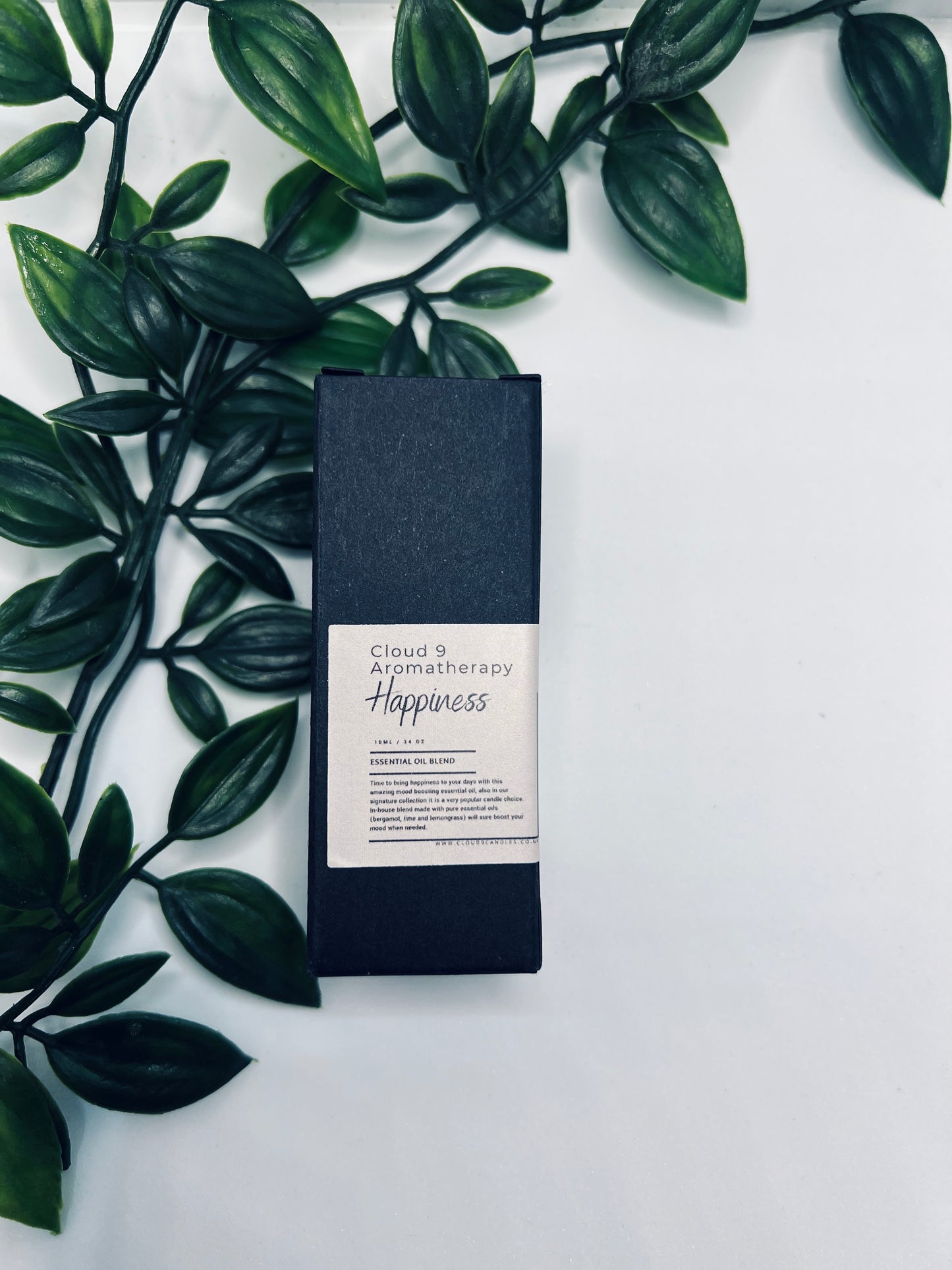 Boxed essential oil blend accompanied by greenery, hinting at premium presentation—could represent the Women’s Well-being or Calm blend in gift-ready packaging.