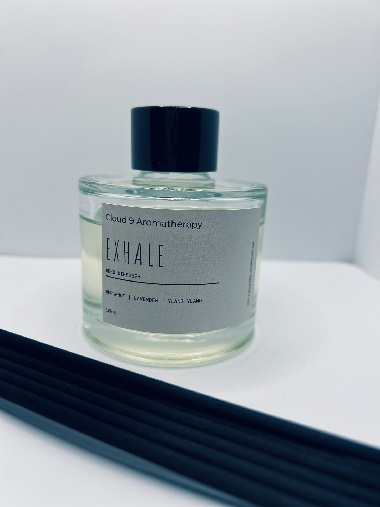 Calming Exhale reed diffuser placed in peaceful home setting for aromatherapy and relaxation
