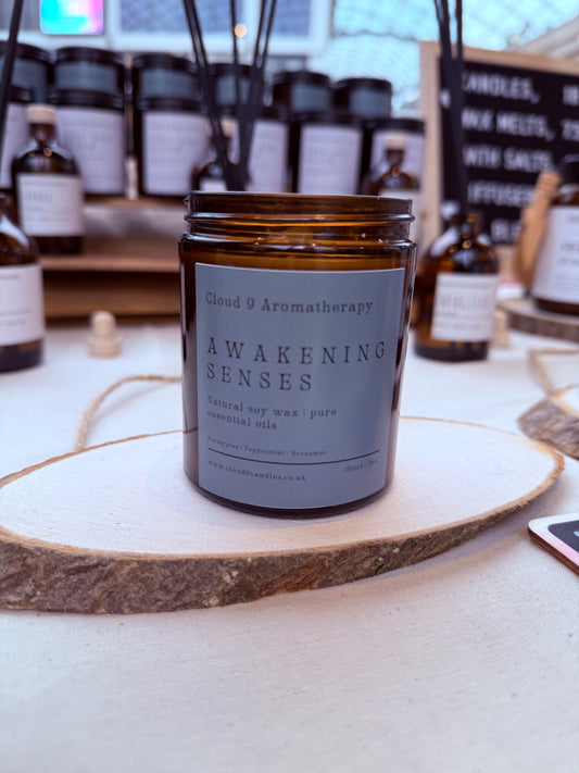 Awakening Senses aromatherapy candle with peppermint, bergamot and eucalyptus pure essential oils by Cloud 9 Aromatherapy.