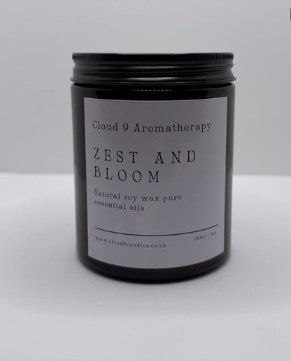 Zest & Bloom aromatherapy candle 180ml by Cloud 9 Aromatherapy, hand-poured soy wax with uplifting essential oils.