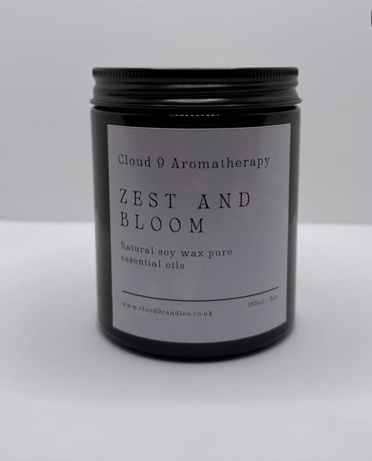 Zest & Bloom aromatherapy candle 180ml by Cloud 9 Aromatherapy, hand-poured soy wax with uplifting essential oils.