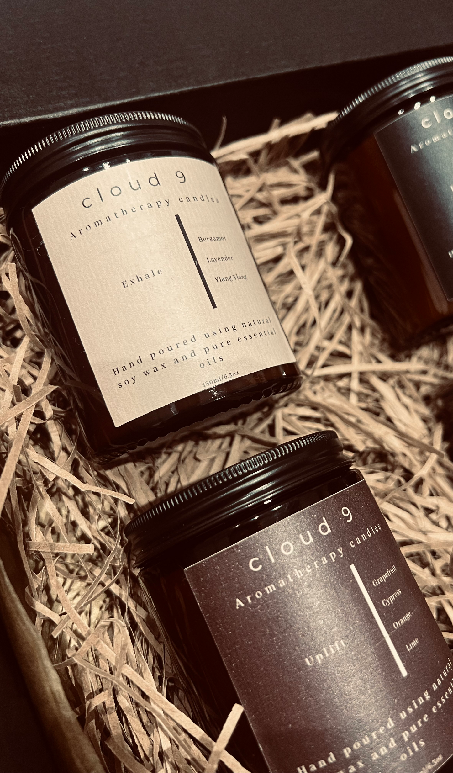 Three soy wax candles made with pure essential oils and natural soy wax 