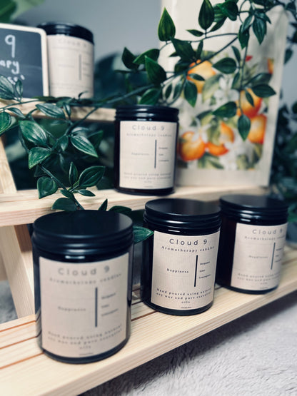Mood-boosting Happiness candle burning ina cozy home setting with natural light 