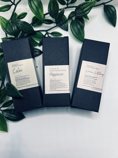 Cloud 9 Aromatherapy 3 Essential Oil Gift Set with three amber bottles, handcrafted natural blends for relaxation and well-being.