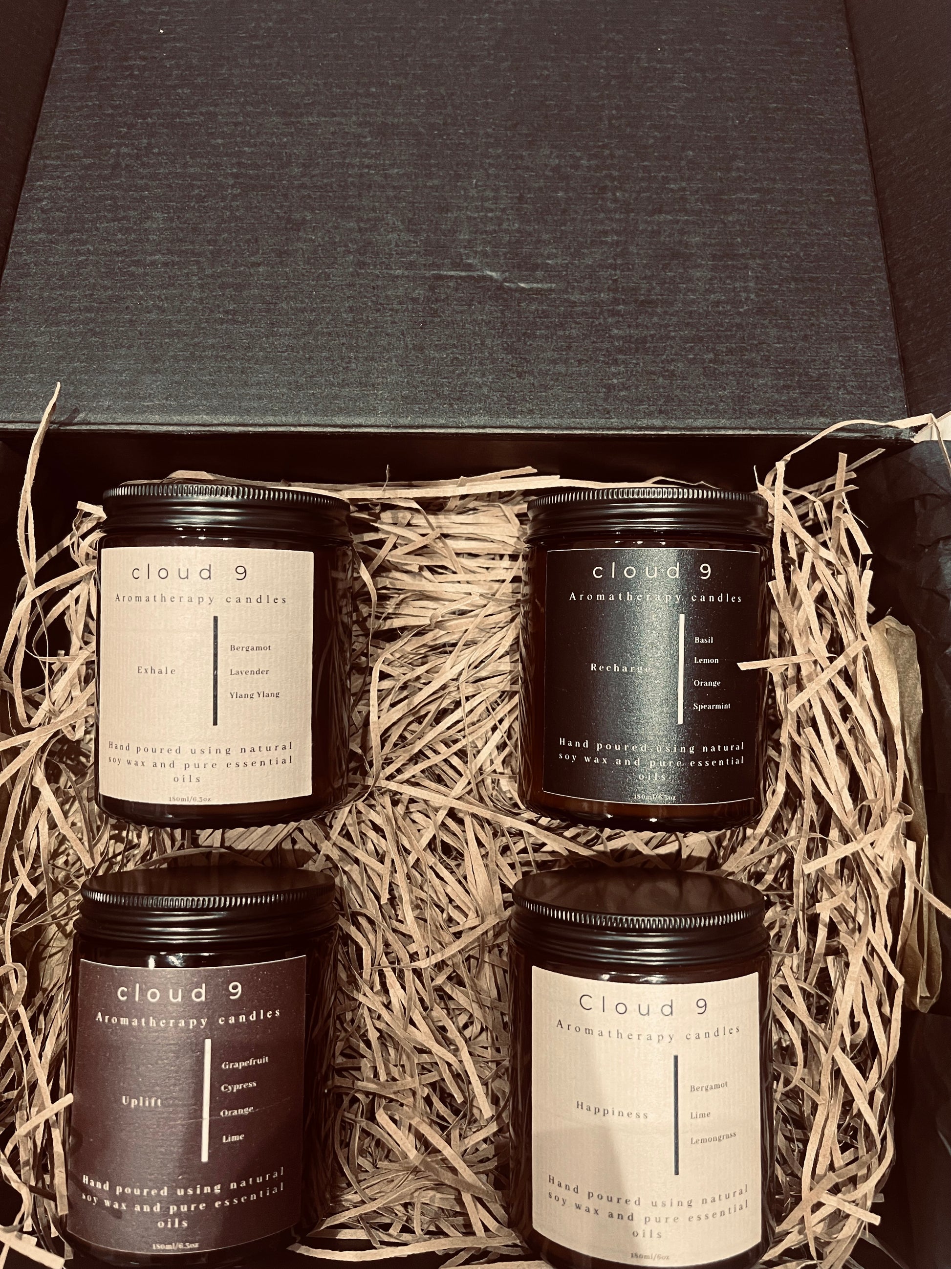 Candle gift set with four handmade soy candles in gift box from cloud 9 aromatherapy 