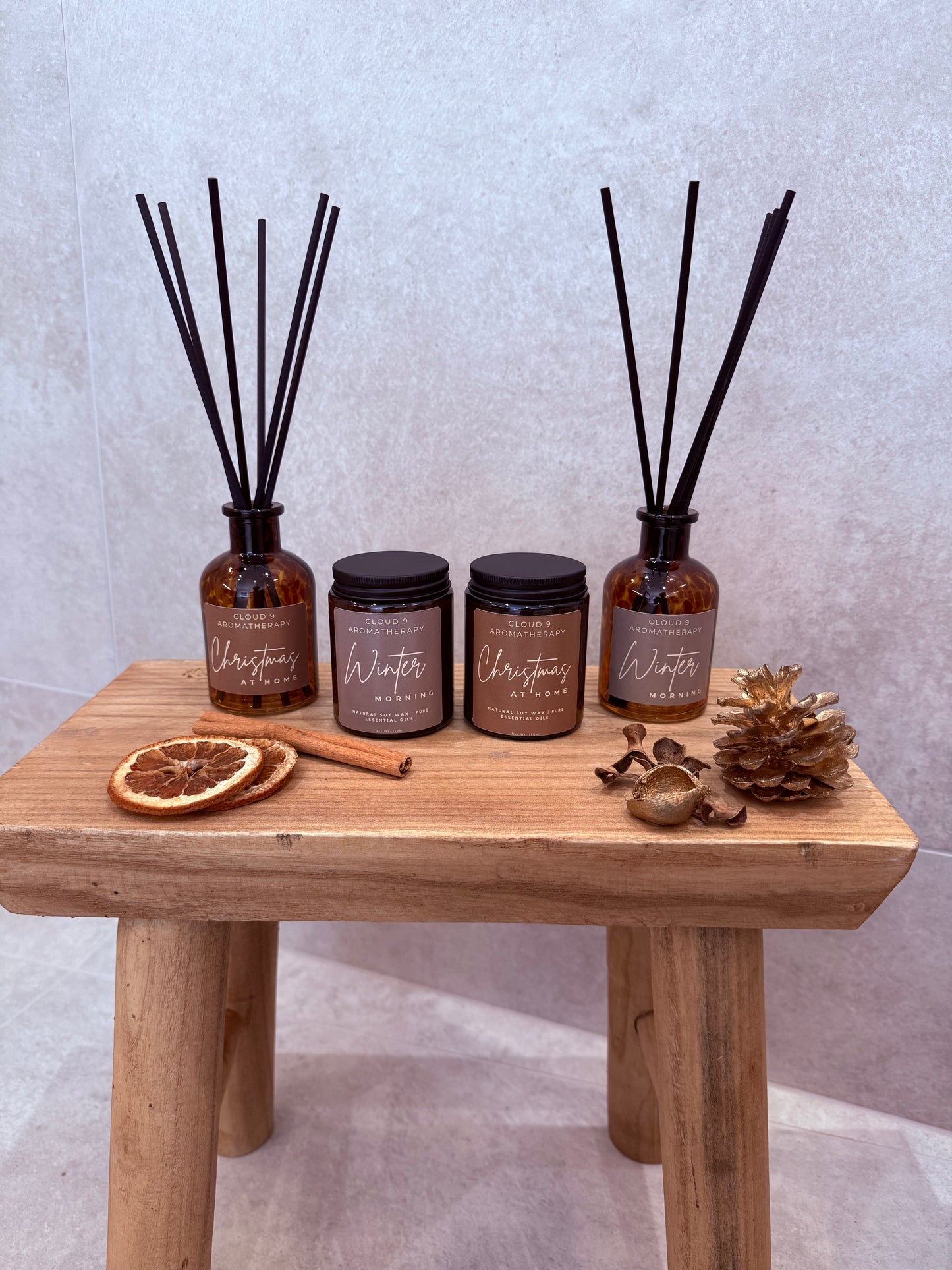 Luxury Christmas gift set featuring an aromatherapy candle, reed diffuser and wax melts by Cloud 9 Aromatherapy.