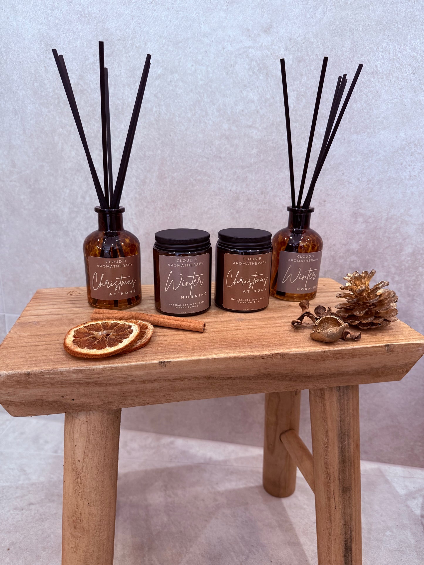 Luxury Christmas gift set featuring an aromatherapy candle, reed diffuser and wax melts by Cloud 9 Aromatherapy.