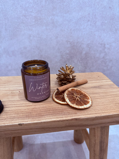 Winter Morning aromatherapy candle by Cloud 9 Aromatherapy, scented with lavender, sweet orange and fir needle for a fresh, comforting winter scent.