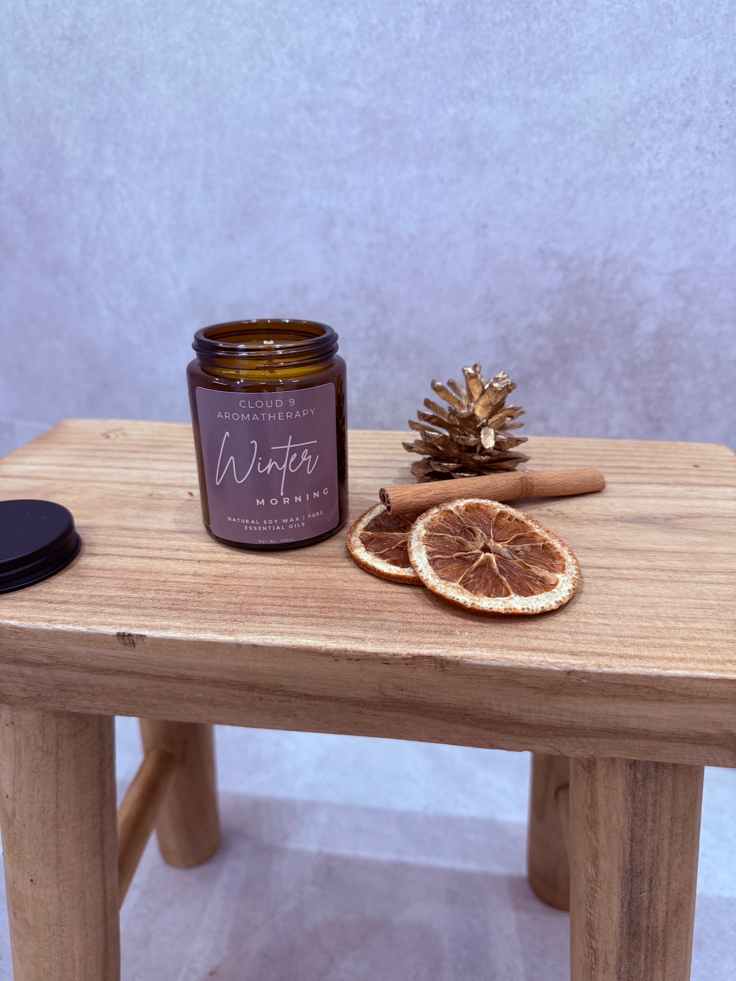 Winter Morning aromatherapy candle by Cloud 9 Aromatherapy, scented with lavender, sweet orange and fir needle for a fresh, comforting winter scent 