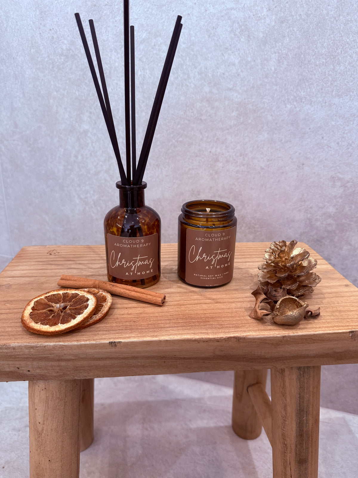 Christmas at Home scented candle by Cloud 9 Aromatherapy with warm cinnamon, clove and sweet orange fragrance.