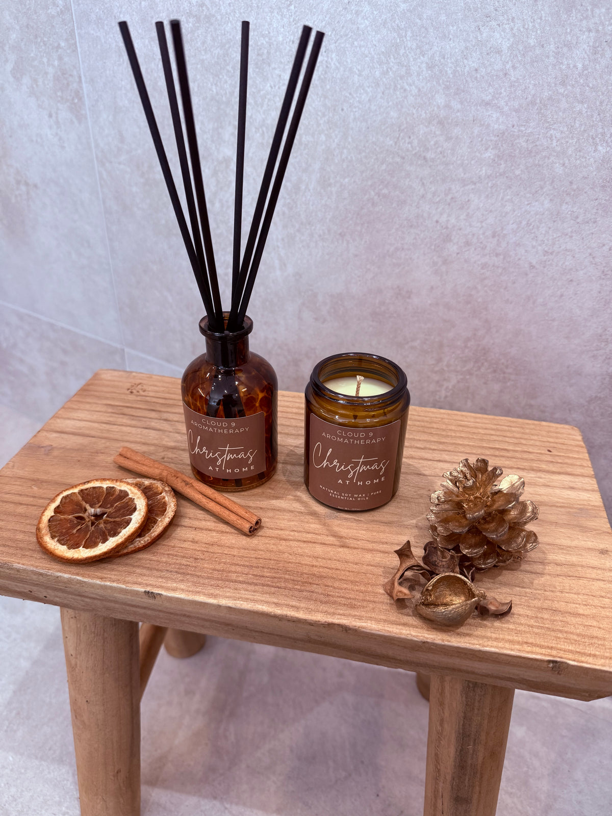 Christmas at Home reed diffuser by Cloud 9 Aromatherapy with a festive blend of cinnamon, clove and orange.