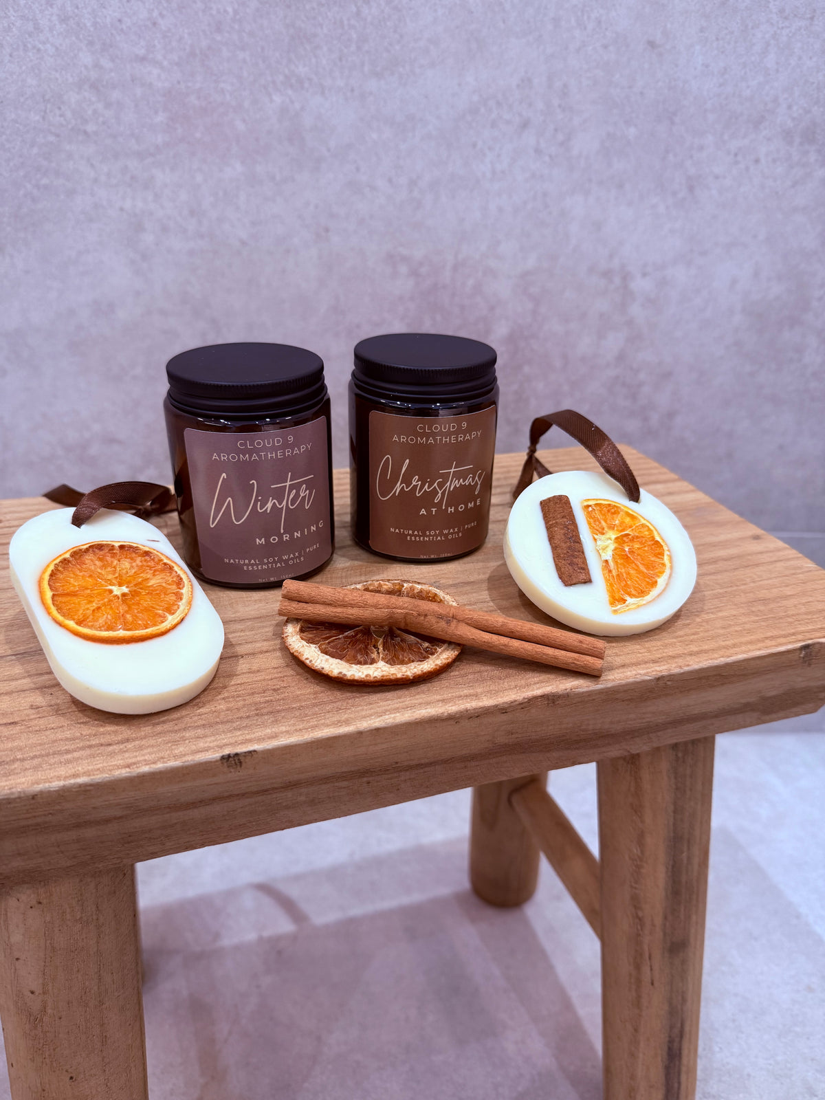 Christmas at Home scented candle by Cloud 9 Aromatherapy with warm cinnamon, clove and sweet orange notes.